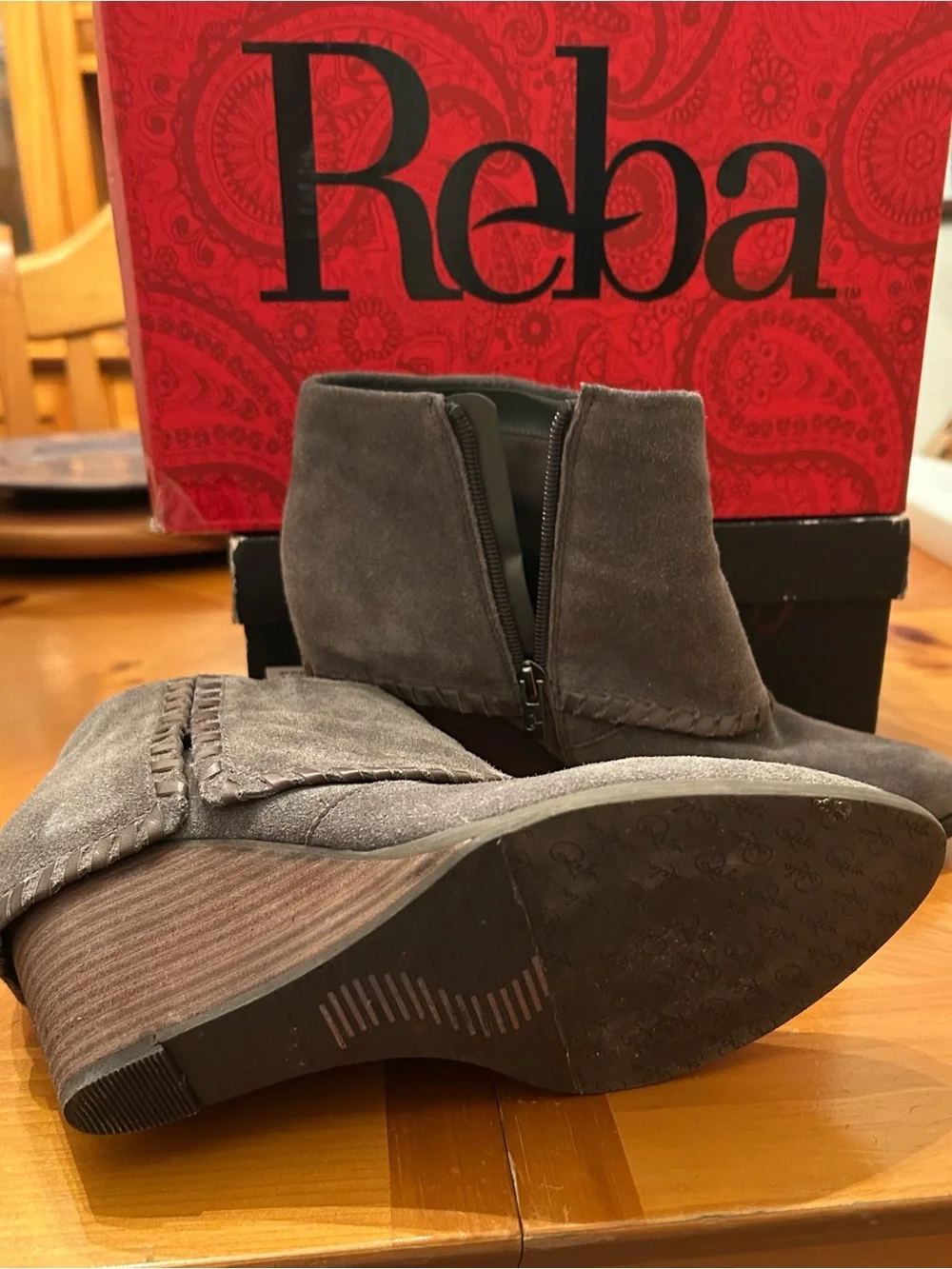 Reba Gray Suede Wedge Ankle Booties with Whipstitch Trim
